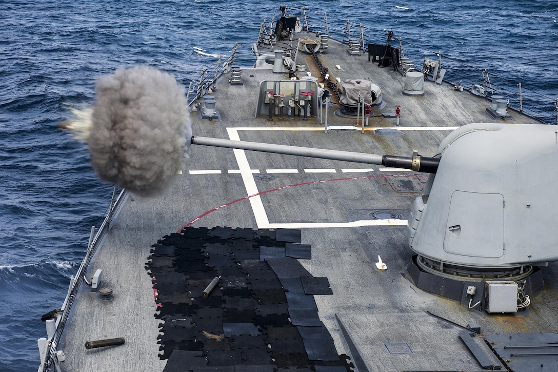 The USS Gonzalez conducts a live-fire exercise using an MK 45 5-inch gun in the Indian Ocean, Feb. 5, 2015. The guided-missile destroyer is supporting maritime security operations and theater security cooperation efforts in the U.S. 5th Fleet area of operations. U.S. Navy photo by Petty Officer 3rd Class Pasquale Sena