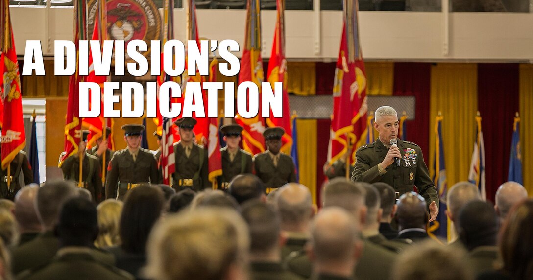 Maj. Gen. Brian D. Beaudreault, commanding general of 2nd Marine Division, addresses the attendees of the 2nd Marine Division battle streamer rededication and award ceremony at Camp Lejeune, N.C., Feb. 5, 2016. “This ceremony is about winning, it’s about the achievements of the 2nd Marine Division, it’s about recognizing Marines, and it’s about what it took to hang that battle streamer,” Beaudreault said. (U.S. Marine Corps photo illustration by Lance Cpl. Luke Hoogendam/Released) 