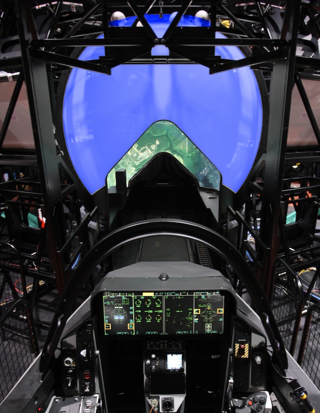 The cockpit of an F-35 Joint Strike Fighter  Full Mission Simulator accurately replicates all sensors and weapons to provide a realistic mission rehearsal and training environment. (Courtesy Asset/Released)

