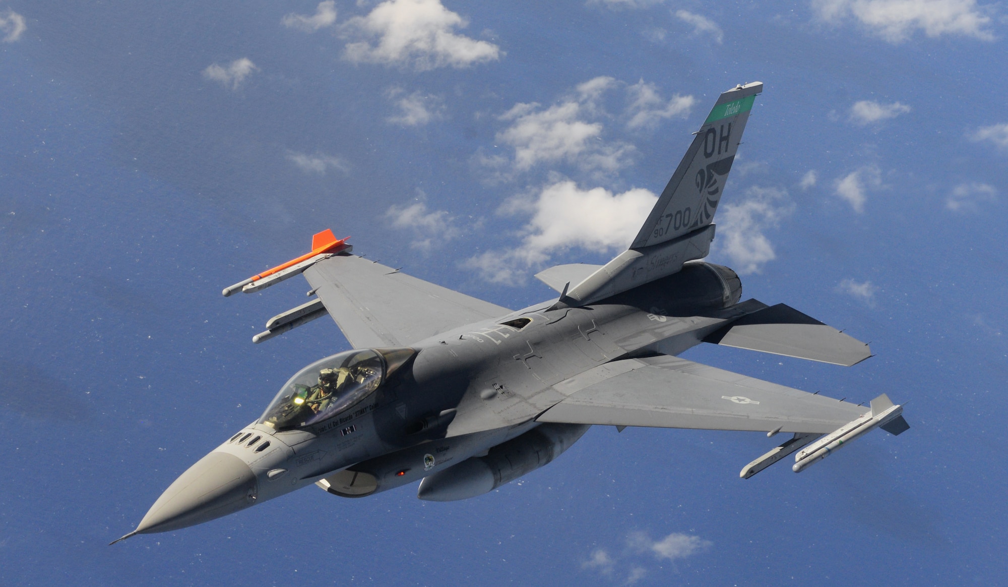 Maj. Curtis Voltz, 112th Expeditionary Fighter Squadron, Ohio Air National Guard chief of weapons and tactics, pilots an F-16 Fighting Falcon during a training mission Feb. 2, 2016 over the Pacific Ocean. Deployed here as part of the Theater Security Package, the 112th EFS provides combat fighter assets to augment forces already operating in the Pacific theater. (U.S. Air Force photo/Senior Airman Joshua Smoot)