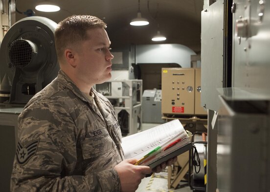 Staff Sgt. Jerimiah Jensen, 320th Missile Squadron facility manager, conducts a routine maintenance check in the launch control equipment building of a missile alert facility belonging to F.E. Warren Air Force Base, Jan. 28, 2016. Facility managers  keep missile alert facilities in operation order for the nuclear deterrent mission. (U.S. Air Force photo by Lan Kim)