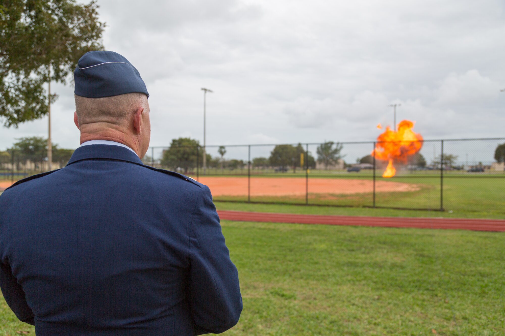 Col. Elwin A. Rozyskie, the 482nd Mission Support Group commander, detonates an explosive after his retirement ceremony outside the Sam Johnson Fitness Center at Homestead Air Reserve Base, Fla., Feb.7. Being a former member of an explosive ordnance disposal team, the 482nd EOD honored Rozyskie by giving him a “hero shot.” A hero shot is an EOD tradition for when a member retires they are given the opportunity to detonate one last explosive. (U.S. Air Force photo/Tech. Sgt. Lionel Castellano)