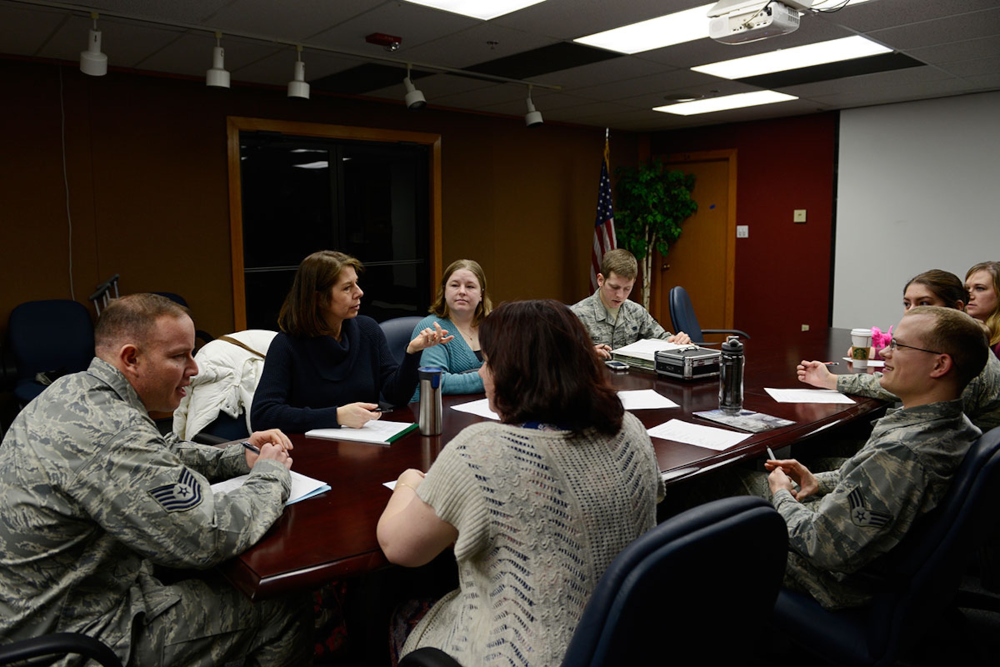 Key spouses for the 673d Logistics Readiness Squadron attend a meeting at Joint Base Elmendorf-Richardson, Jan. 26, 2015. The key spouses program was standardized across the Air Force to address the needs of all military families with special emphasis on support to families across the deployment cycle. (U.S. Air Force photo by Airman Valerie Monroy)