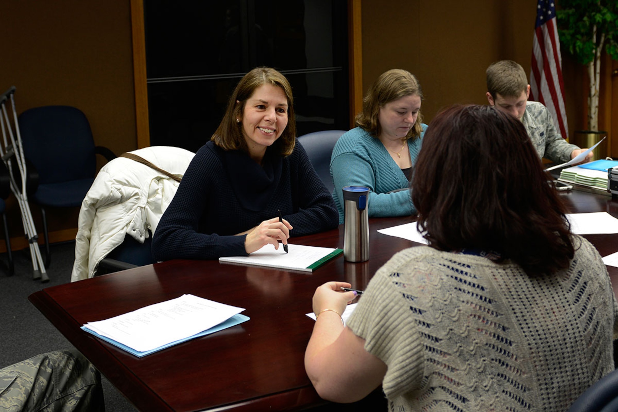 Alexandra Olson, a key spouse for the 673d Logistics Readiness Squadron, attends a meeting at Joint Base Elmendorf-Richardson, Jan. 26, 2015. The key spouse program is an official unit program designed to establish a sense of unity within the Air Force. Olson is the spouse of Chief Master Sgt. Craig Olson with the 673d LRS. (U.S. Air Force photo by Airman Valerie Monroy)