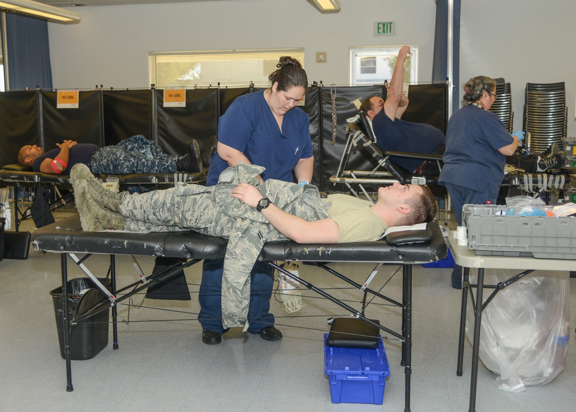 Airman 1st Class Cameron Fuller, 412th Aerospace Medicine Squadron, could save up to three lives with his donation at the Battle of the Badges blood drive Feb. 3 at the Chapel 1 Annex. (U.S. Air Force photo by Rebecca Amber)