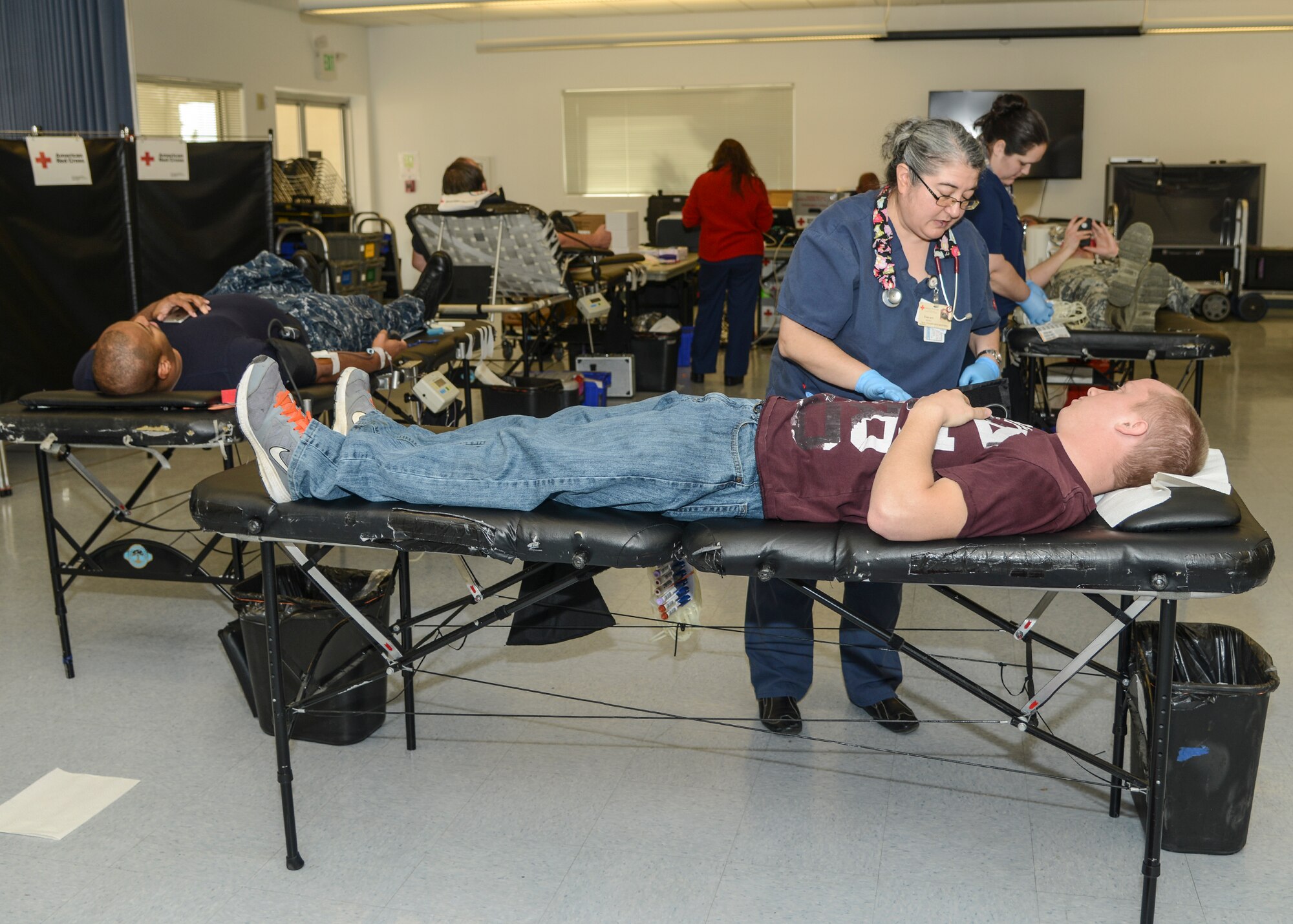 Airman 1st Class Joshua Foster, 412th Force Support Squadron, went to the Chapel 1 Annex Feb. 3 to donate blood in the largest blood drive of the year -  the Battle of the Badges. (U.S. Air Force photo by Rebecca Amber)