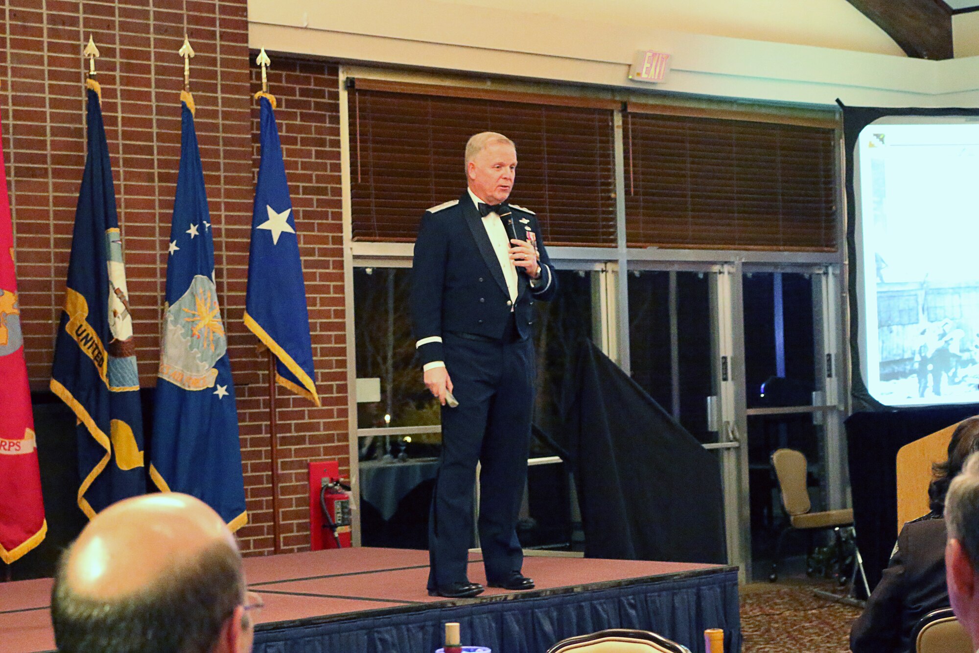 Maj. Gen. David A. Harris, the commander of the Air Force Test Center, addresses the audience at the AEDC Annual Awards Banquet Jan. 29. Military and civilian government award winners and nominees were recognized for their outstanding contributions to the Complex’s mission at the banquet held at the Arnold Lakeside Center. (U.S. Air Force photo/Holly Fowler)