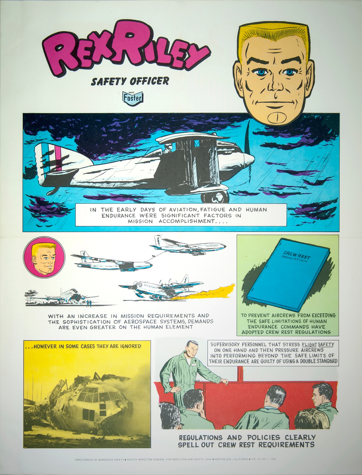Maj. Rex Riley explains how fatigue and human endurance are a factor in mission accomplishment. Artwork originated from the Deputy Inspector General for Inspection and Safety, Norton AFB, Calif., 1966. (U.S. Air Force illustration)