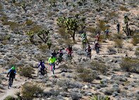 U.S. veterans ride their mountain bikes during the Ride 2 Recovery program Feb. 2, 2016, at Blue Diamond, Nevada. R2R is a groundbreaking veteran program that saves lives by restoring hope and purpose by reaching out to veterans through cycling as a therapy for injuries, Post-Traumatic Stress Disorder, Traumatic Brain Injuries (TBI) and creates a family for them to be a part of again. (U.S. Air Force photo by Senior Airman Christian Clausen/Released)