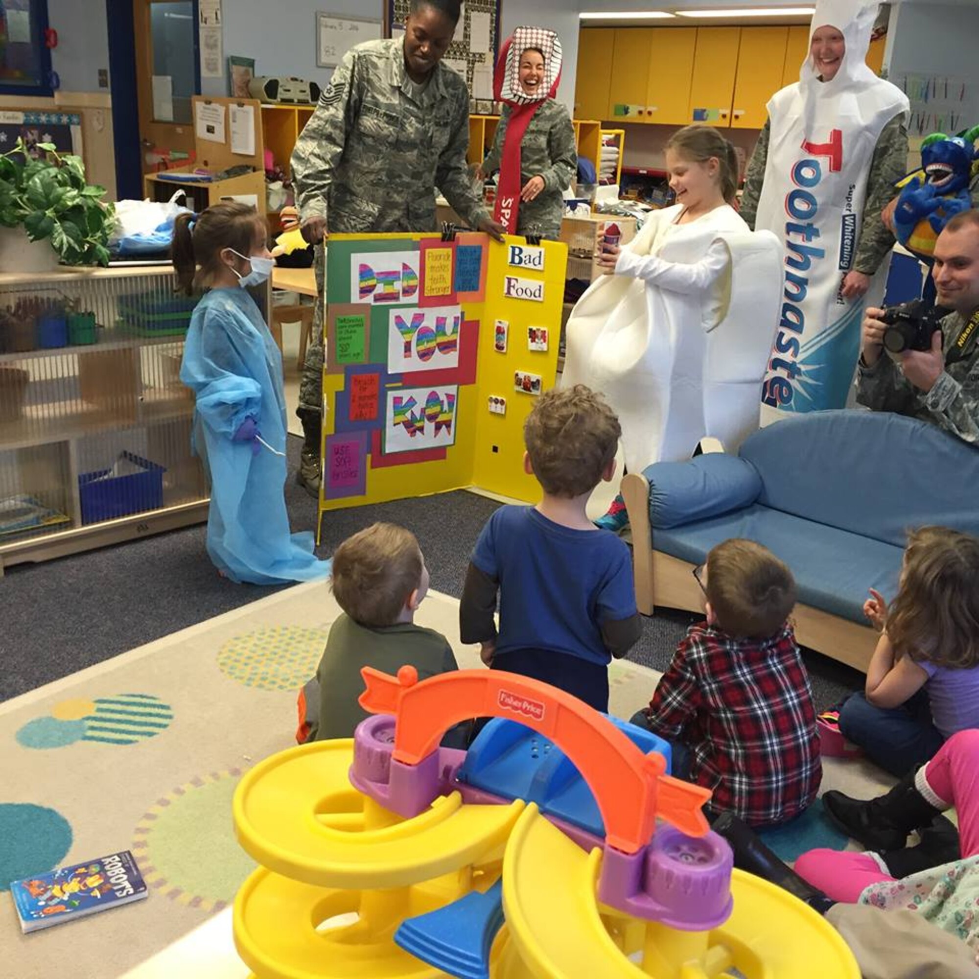 On Feb. 5, members of the Dental Squadron from the 779th Medical Group went to the Child Development Center on Joint Base Andrews to teach the kids about good dental health. (AF photo by Melanie Moore/Released)

