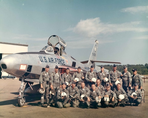 Airmen from the 188th Tactical Reconnaissance Group take part in a group photo June 15, 1969, in front of an RF-84F “Thunderflash” at Ebbing Air National Guard Base, Fort Smith, Ark. The 188th TRG flew the RF-84F from August 1957-December 1970. (Courtesy photo)