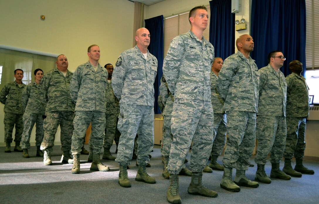 Members of the 111th Air Operations Group at Horsham Air Guard Station, Pennsylvania, stand in formation for the final time during the 111th AOG deactivation ceremony held Feb. 6, 2016. Many members of the group will be reassigned to other units within the Wing. (U.S. Air National Guard photo by Tech. Sgt. Andria Allmond)