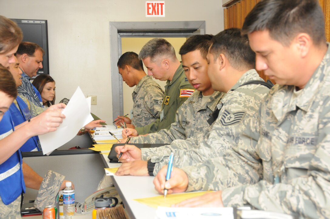 Airmen from the 203rd Air Refueling Squadron and 154th Maintenance Group process through a personnel deployment function line at Joint Base Pearl Harbor-Hickam, Feb. 3, 2016. The airmen were processing through for a four month Southwest Asia deployment as part of an Air Expeditionary Force rotation. (U.S. Air National Guard photo by Senior Airman Orlando Corpuz/released)
