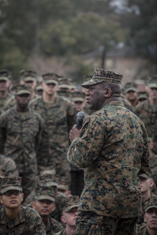 The 18th Sergeant Major of the Marine Corps, Ronald L. Green, speaks to Marines assigned to Marine Forces Reserve and Marine Forces North aboard Marine Corps Support Facility New Orleans, LA, Jan. 20, 2016. (U.S. Marine Corps photo by Sgt. Melissa Marnell, Office of the Sergeant Major of the Marine Corps/Released)