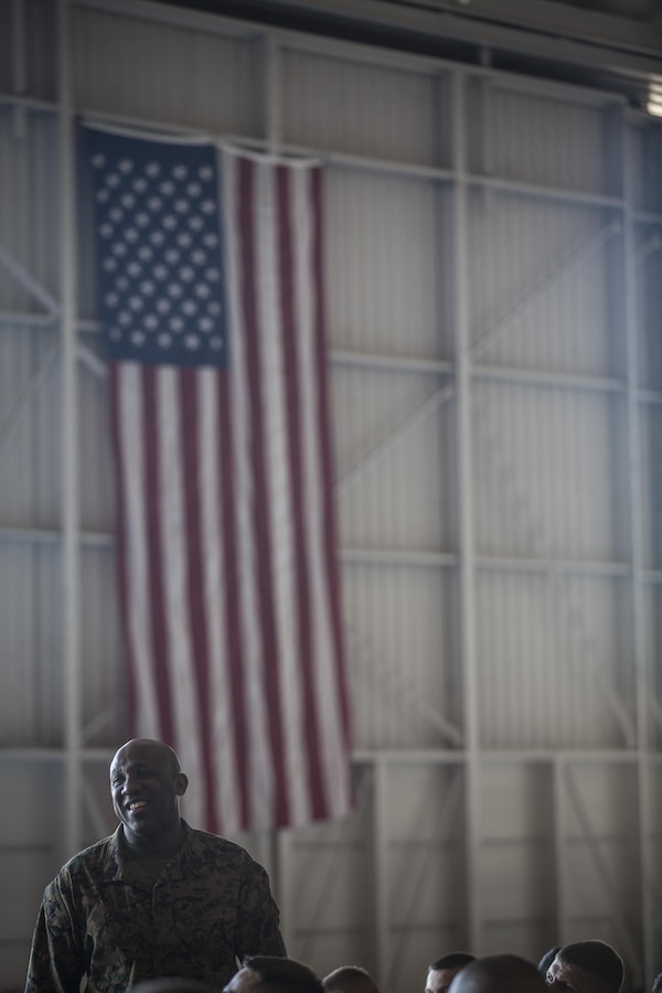The 18th Sergeant Major of the Marine Corps, Ronald L. Green, speaks to Marines assigned to HMLA-773, MAG-49, 4th Marine Aircraft Wing aboard VMR Belle Chasse, New Orleans, LA, Jan. 19, 2016. (U.S. Marine Corps photo by Sgt. Melissa Marnell, Office of the Sergeant Major of the Marine Corps/Released)