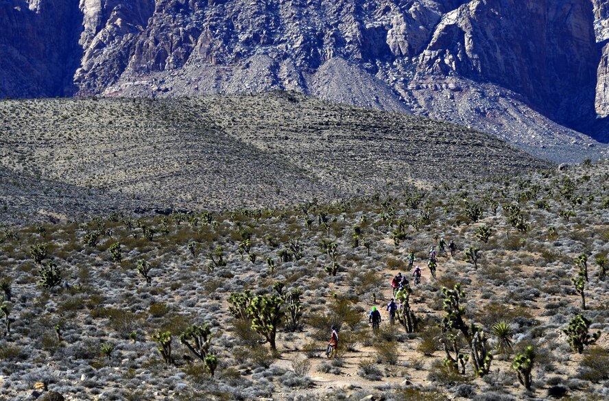 U.S. veterans ride their mountain bikes during a Ride 2 Recovery program Feb. 2, 2016, at Blue Diamond, Nev. R2R is a veteran program that saves lives by restoring hope and purpose by reaching out to veterans through cycling as a therapy for injuries, post-traumatic stress disorder, traumatic brain injuries and creates a family for them to be a part of again. (U.S. Air Force photo/Senior Airman Christian Clausen)