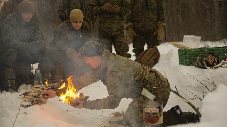 A U.K. Royal Commando mountain leader creates a fire to demonstrate survival techniques to U.S. Marines during cold-weather training at Skoganvarre, Norway, Feb. 5, 2016. The Arctic training was conducted by the U.K. Royal Commandos and hosted by the Norwegian military to improve the U.S. Marine Corps’ capability to support their NATO Allies in extreme environments.