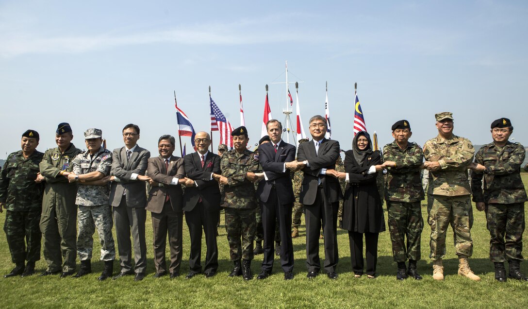 The participating countries’ ambassadors welcome all Cobra Gold 16 members to the exercise during the opening ceremony at Sattahip Naval Base, Thailand February 9, 2016. The exercise is the 35th iteration and is designed to advance regional security and ensure effective responses to regional crises by bringing together the partnering nations. During the next ten days partner nations will increase cooperation and collaboration amongst each other in order to achieve effective solutions to common challenges.