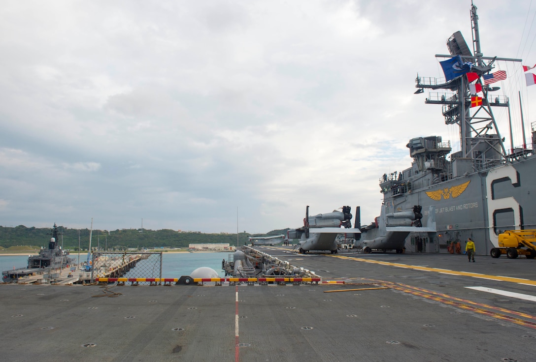 160206-N-IK388-006 NAKAGUSUKU BAY, Japan (Feb. 6, 2016) – Amphibious assault ship USS Bonhomme Richard (LHD 6) departs White Beach Naval Facilities after completing an onload of the 31st Marine Expeditionary Unit (MEU). Bonhomme Richard is the lead ship of the Bonhomme Richard Amphibious Ready Group and is participating in amphibious integration training (AIT) and a certification exercise (CERTEX) with the embarked 31st MEU.