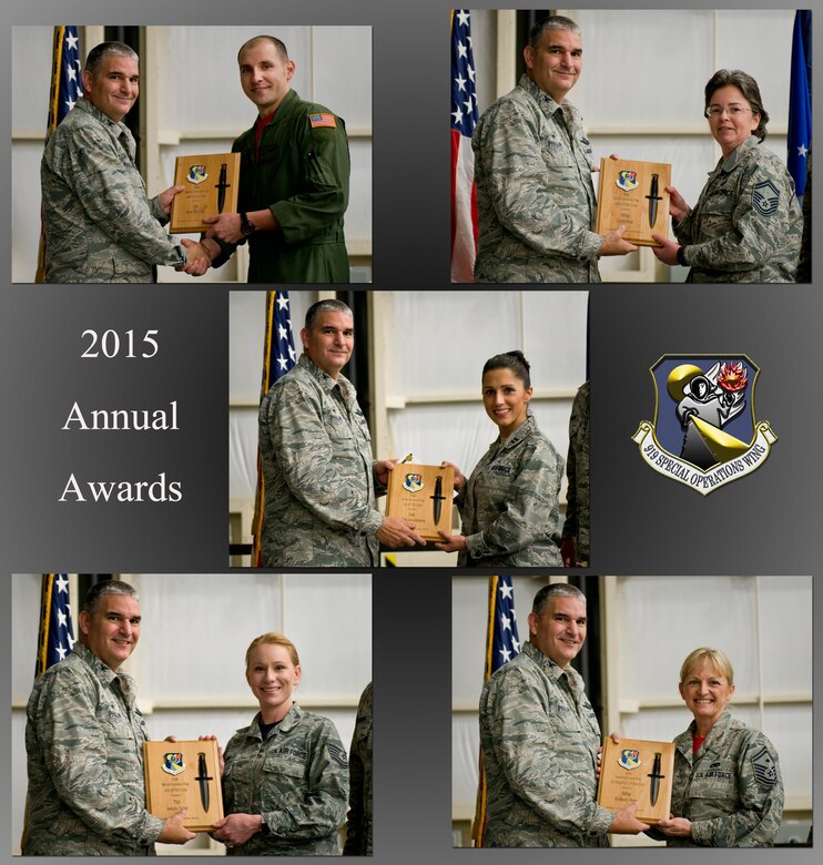 The 919th Special Operations Wing announced its annual award winners during the February unit training assembly at Duke Field, Fla.   Senior Airman Scott Mitchell won the Airman of the Year.  Tech. Sgt. Jasmin Taylor won the NCO of the Year.  Senior Master Sgt. Laurie Kent won the Senior NCO of the Year.  Senior Master Sgt. Kimberly Perez won the First Sergeant of the Year.  Capt. Bobbie-Jean Johnson won the CGO of the Year.  (U.S. Air Force Photos/Graphic Tech. Sgt. Sam King)