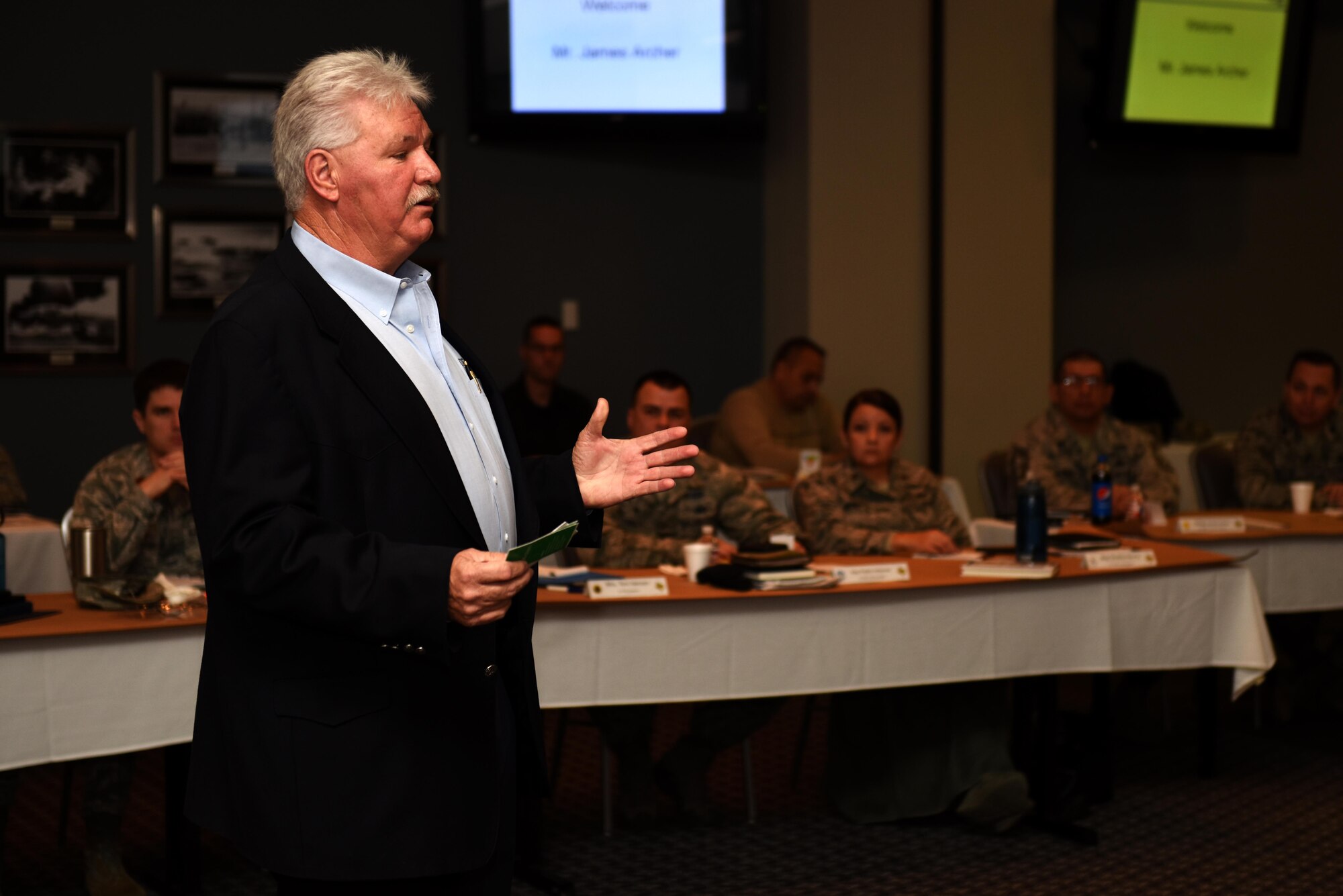 James B. Archer, KJ Energy founder and former CEO, talks to base leadership during a commander’s conference at the Event Center on Goodfellow Air Force Base, Texas, Feb. 5, 2016. Archer talked on his experiences of being a leader and entrepreneur to offer advice as part of the commander’s conference’s focus on leadership. (U.S. Air Force photo by Senior Airman Scott Jackson/Released) 