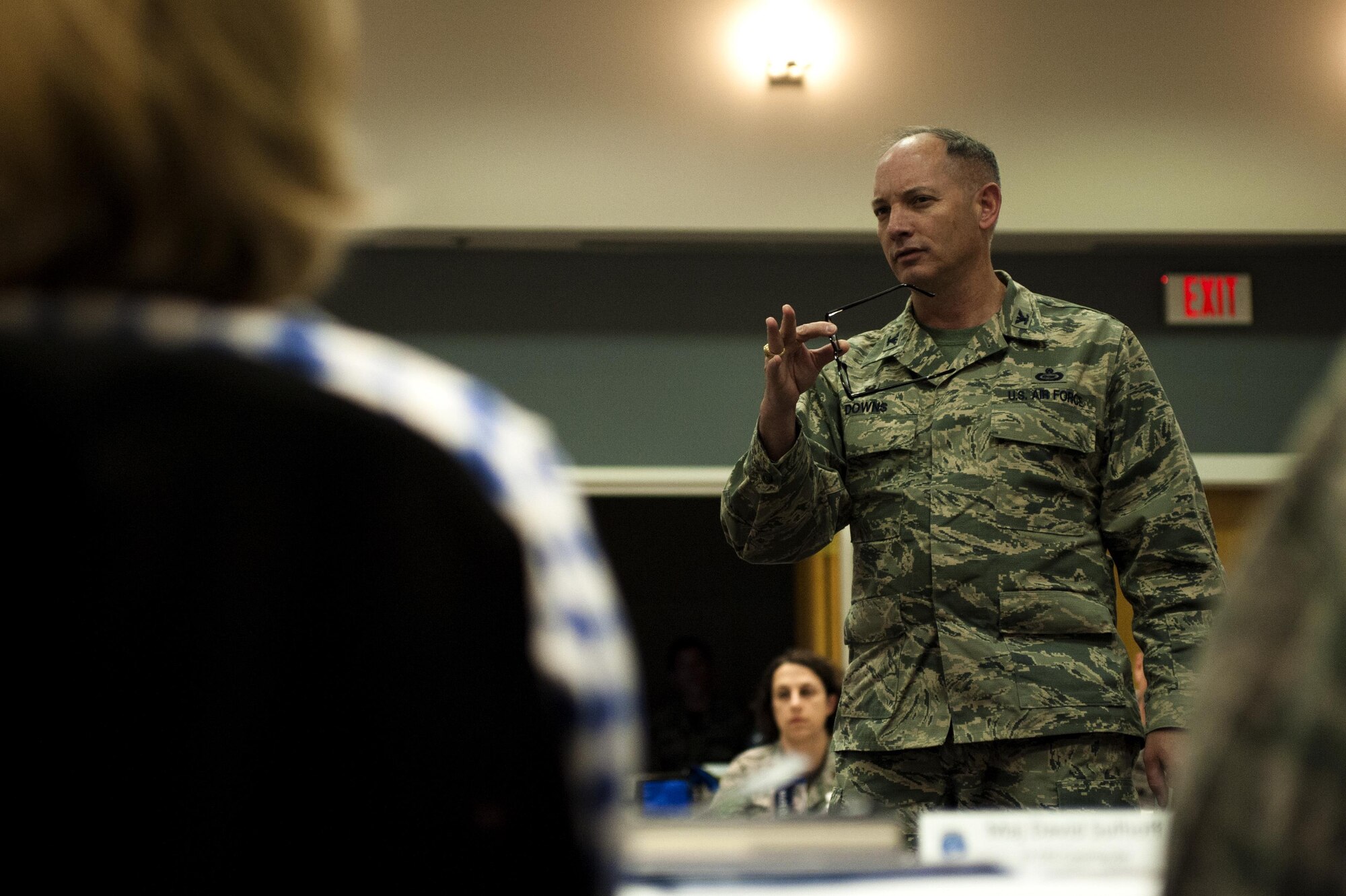 U.S. Air Force Col. Michael L. Downs, 17th Training Wing Commander, talks to base leadership during his commander’s conference at the Event Center on Goodfellow Air Force Base, Texas, Feb. 5, 2016. The conference featured presentations from all groups. (U.S. Air Force photo by Senior Airman Scott Jackson/Released)