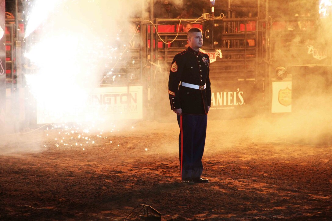Staff Sgt. Dalton Revier, a recruiter with Marine Corps Recruiting Station Twin Cities, was honored as the hometown hero at the World's Toughest Rodeo in Saint Paul, Minn. Feb. 5. Revier, a Twin Cities native, was selected for this honor due to his exceptional service both at home and abroad. 