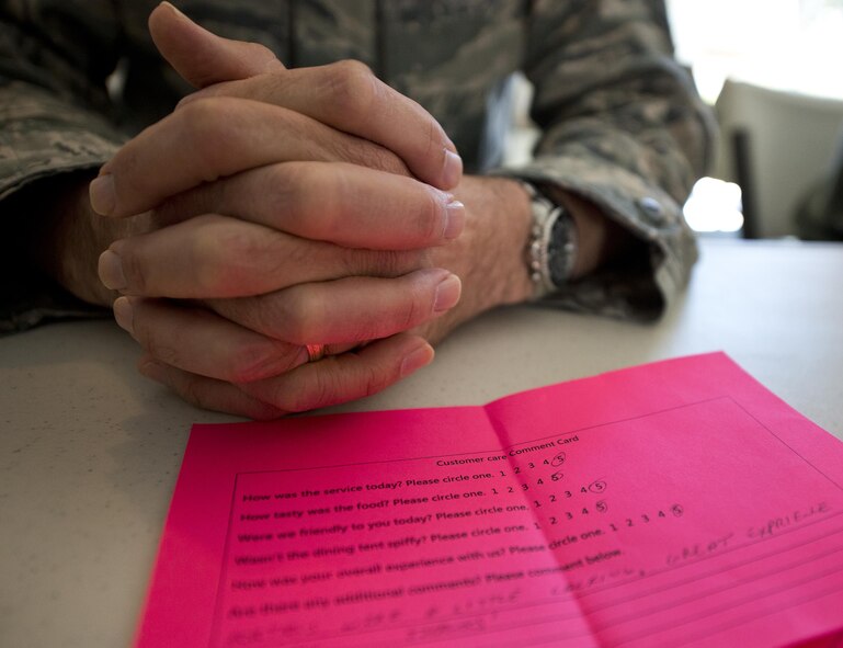 Customer Care cards were filled out and collected for the approximately 100 Airmen who dined in the 919th Special Operations Force Support Squadron’s field kitchen Feb. 7 at Duke Field Fla.  The kitchen was erected and used as part of the 919th SOFSS flight’s Hennessy Award inspection.  The Airmen cooked and served lunch to customers from the constructed kitchen.  (U.S. Air Force photo/Tech. Sgt. Jasmin Taylor)