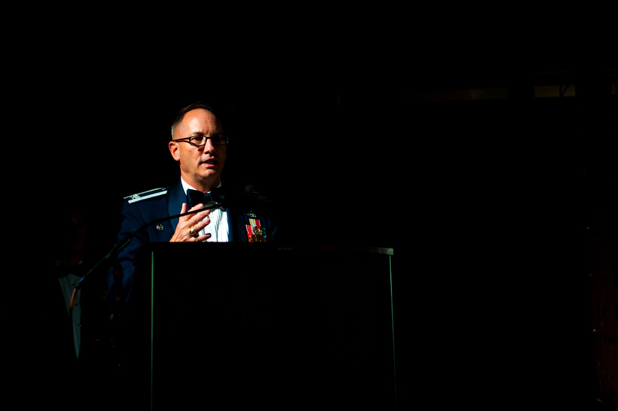 U.S. Air Force Col. Michael L. Downs, 17th Training Wing Commander, speaks during the 17th TRW Annual Awards at Fort Concho Stables, San Angelo, Texas, Feb. 5, 2016. The Annual Awards recognize the best of the best of Goodfellow Air Force Base. (U.S. Air Force photo by Senior Airman Scott Jackson/Released)