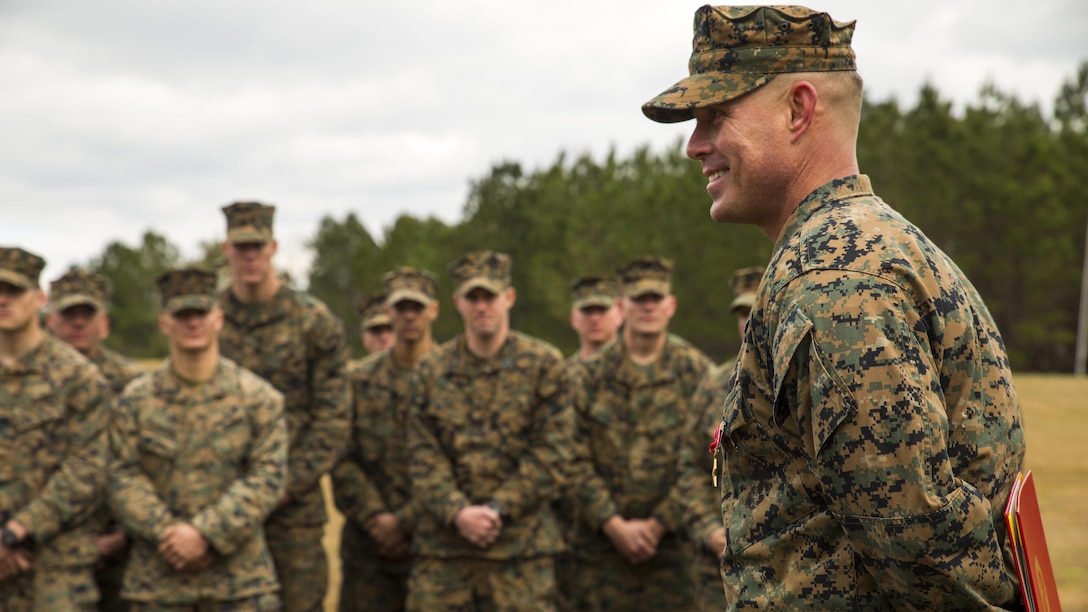 Staff Sgt. Nathan A. Hervey, an instructor with the Advanced Infantry Training Battalion at the School of Infantry-East, speaks to Marines at Marine Corps Base Camp Lejeune, North Carolina, Feb. 5, 2016. Hervey was awarded the Bronze Star Medal with the combat distinguishing device for valor, and was recognized for extraordinary heroism for his actions on May 21, 2011, while carrying out his duties as a scout sniper section leader with 3rd Battalion, 2nd Marine Regiment, in support of Operation Enduring Freedom.