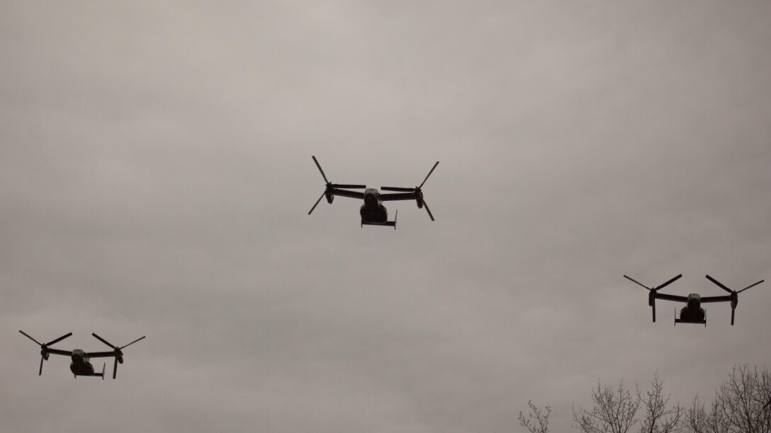 MV-22B Ospreys fly over Quantico National Cemetery during a ceremony to celebrate the life of Lt. Gen. William H. Fitch (ret.), Feb. 4, 2016, in Triangle, Virginia. Fitch died Jan. 19, 2016. He served as the Deputy Commandant for Aviation before he retired in 1984 after 32 years as a Marine Corps officer. 