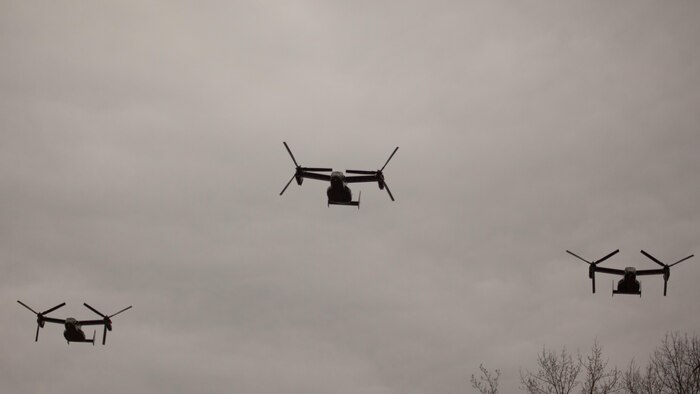 MV-22B Ospreys fly over Quantico National Cemetery during a ceremony to celebrate the life of Lt. Gen. William H. Fitch (ret.), Feb. 4, 2016, in Triangle, Virginia. Fitch died Jan. 19, 2016. He served as the Deputy Commandant for Aviation before he retired in 1984 after 32 years as a Marine Corps officer. 