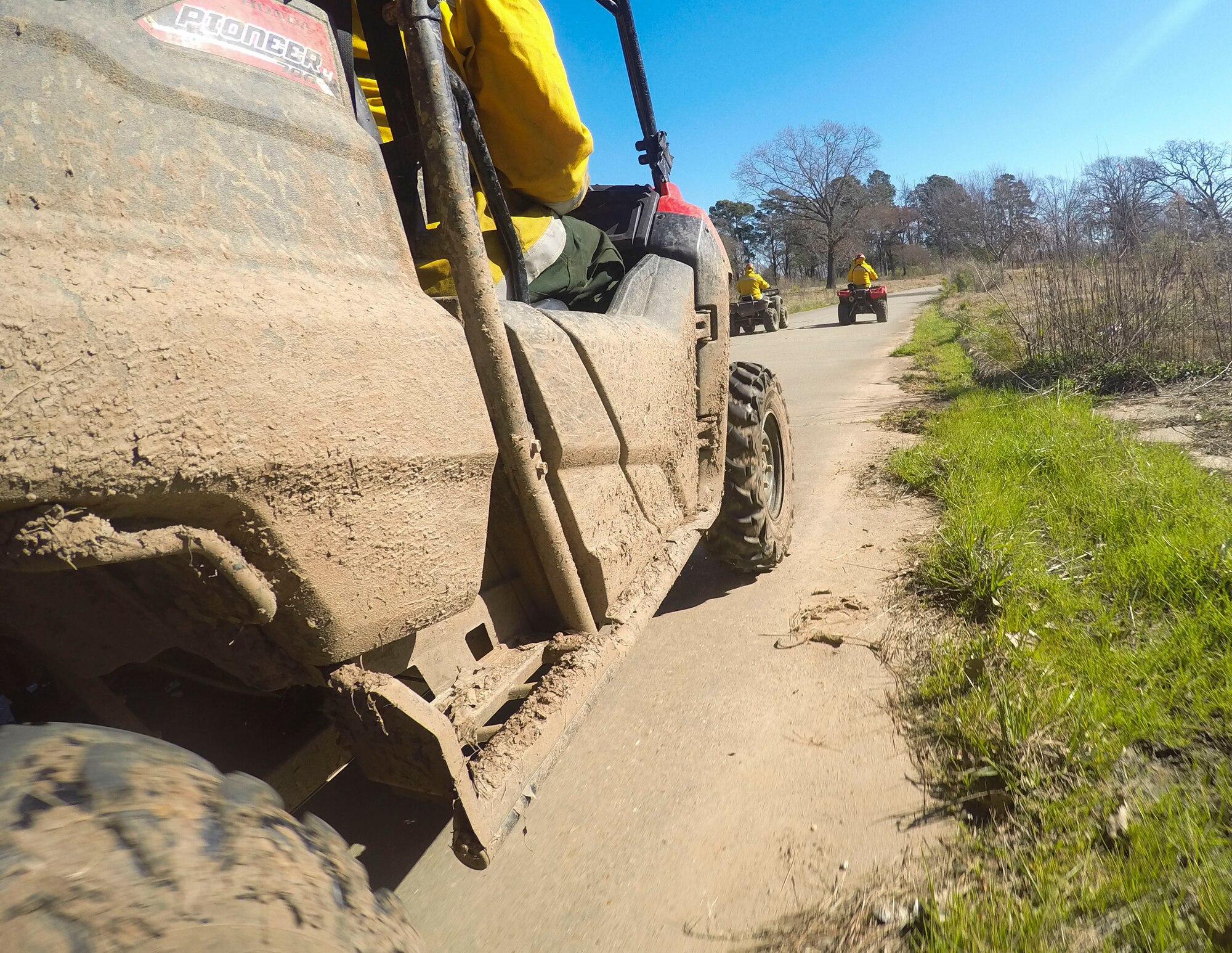 Natural resource technicians from the 2nd Civil Engineer Squadron ride to a staging area before conducting a controlled burn at Barksdale Air Force Base, La., Feb. 4, 2016. The staging area was created within stablished perimeters to provide technicians with quick mobilization options in case of rogue fires. (U.S. Air Force photo/Airman 1st Class Mozer O. Da Cunha)