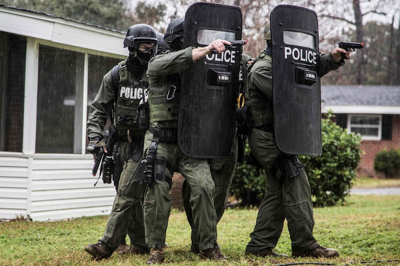 Marines conduct crisis negotiation training aboard Laurel Bay Feb. 4. Each section had a specific role to play in the field. The Special Response Team physically responded to the situation utilizing their personal protective equipment and tactics. The Marines are with the Provost Marshal’s Office aboard Marine Corps Air Station Beaufort. 