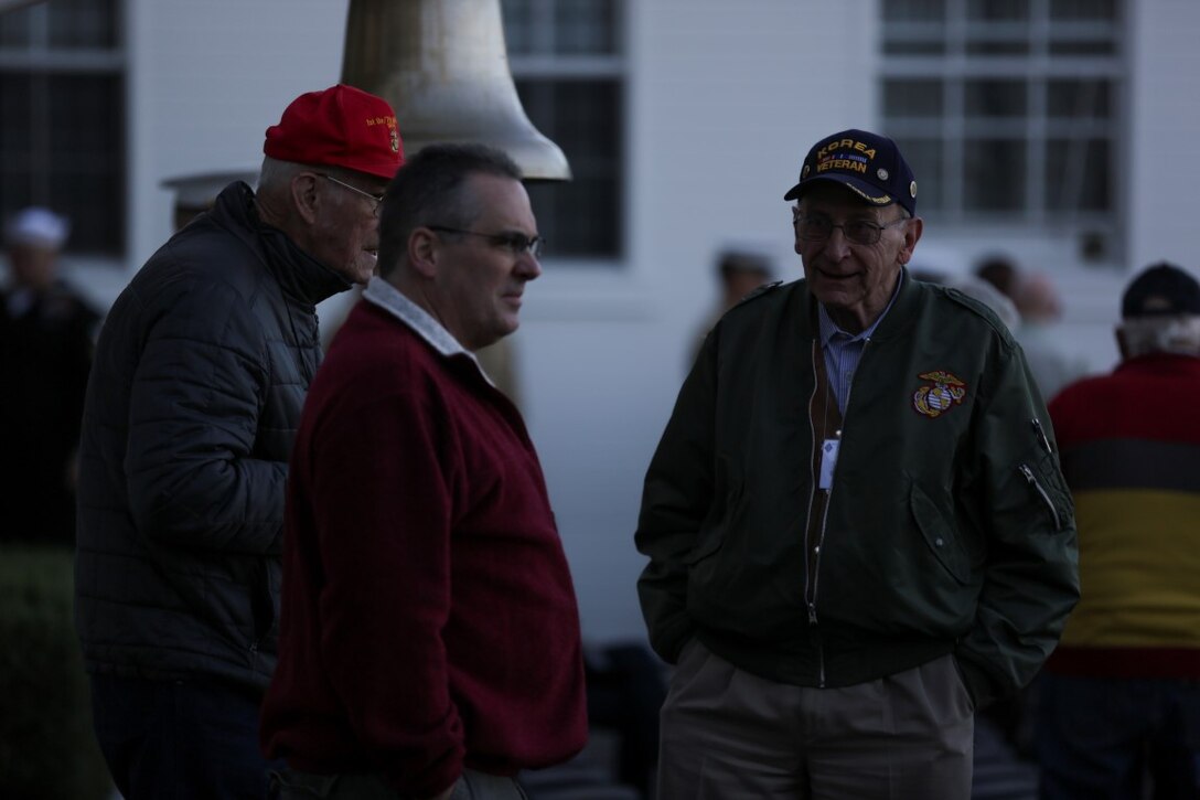 Marine veterans with the 1st Marine Division Association gather before a Battle Colors Rededication Ceremony in honor of the division’s 75th anniversary, aboard Marine Corps Base Camp Pendleton, Calif., Feb. 4, 2016.  Veteran and active duty Marines and Sailors who served in the division over the years participated in the ceremony, celebrating the oldest, largest, and most decorated division in the Marine Corps. (U.S. Marine Corps photo by Cpl. Will Perkins / Released)