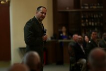 Major Gen. Daniel J. O’Donohue, commanding general of 1st Marine Division, speaks during a ceremonial dinner celebrating 1st Marine Division’s 75th anniversary, aboard Marine Corps Base Camp Pendleton, Calif., Feb. 4, 2016. Veteran and active duty Marines and Sailors who served in the division over the years took part in the dinner, celebrating the oldest, largest, and most decorated division in the Marine Corps. (U.S. Marine Corps photo by Cpl. Will Perkins)