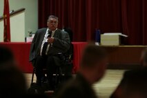 Vince Rios, president of the 1st Marine Division Association, speaks to attendees of the division’s birthday celebration aboard Marine Corps Base Camp Pendleton, Calif., Feb. 4, 2016. Veteran and active duty Marines and Sailors who served in the division over the years participated in the dinner, celebrating the 75th anniversary of the oldest, largest, and most decorated division in the Marine Corps. (U.S. Marine Corps photo by Cpl. Will Perkins)