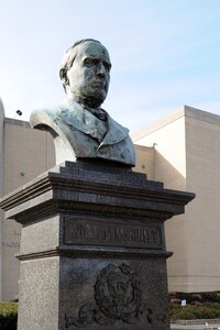 President William McKinley's bust is located outside his Presidential Library and Museum in Canton, Ohio, Jan. 30, 2016.