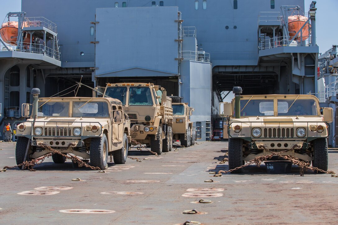 The 743rd Transportation Company (Seaport Operations), Boston, Mass., practices loading and unloading vehicles, and other harbor and seaport operations on the USNS Cape Henry at the Big Logistics Over The Shore, West exercise at Alameda, Calif., July 30, 2015.
