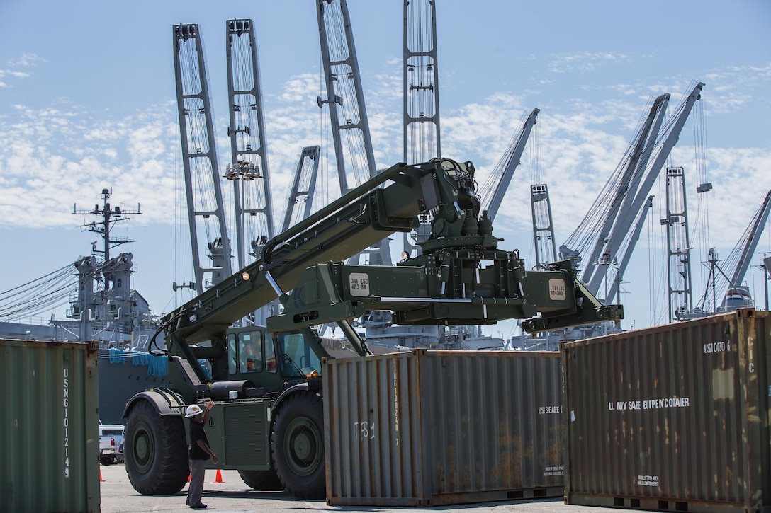 Army Reserve Soldiers from the 483rd Transportation Battalion (Terminal), Vallejo, Calif., conduct driver's training with the RT240 Rough Terrain Cargo Handler, July 30. Big Logistics Over The Shore, West is an Army Reserve seaport and harbor operations exercise at Alameda, Concord, and Camp Parks, Calif., from July 25 to Aug. 7, 2015