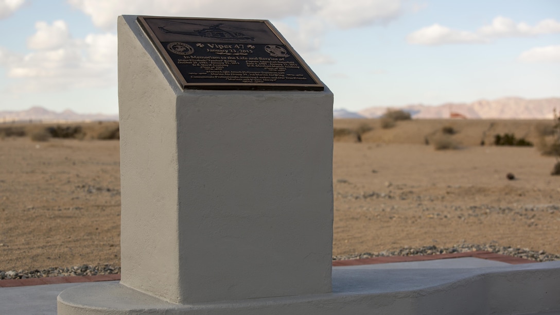 A memorial for two pilots with Marine Light Attack Helicopter Squadron 169, who passed away following a mishap, last year, stands at the Strategic Expeditionary Landing Field, at Marine Corps Air Ground Combat Center Twenty nine Palms, Calif. Jan. 23, 2016. Marine Wing Support Squadron 374 completed the memorial in time to be unveiled on the anniversary of the incident. 