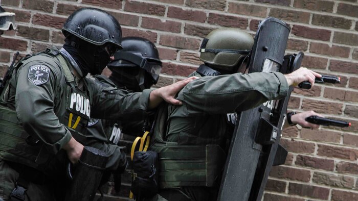 Marines conduct hostage scenario training aboard Laurel Bay Feb. 4, 2016. Military police from Marine Corps Air Station Beaufort and Marine Corps Recruit Depot Parris Island are the first responders for security threats aboard either installation or military housing facility. The Marines are with the Provost Marshal’s Office aboard MCAS Beaufort. 