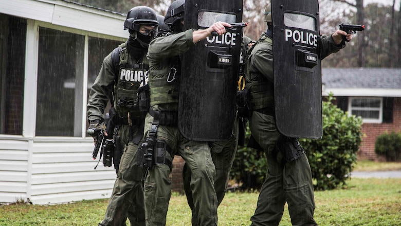 Marines conduct hostage scenario training aboard Laurel Bay Feb. 4, 2016. Each section had a specific role to play in the field. The Special Response Team physically responded to the situation utilizing their personal protective equipment and tactics. The Marines are with the Provost Marshal’s Office aboard Marine Corps Air Station Beaufort.