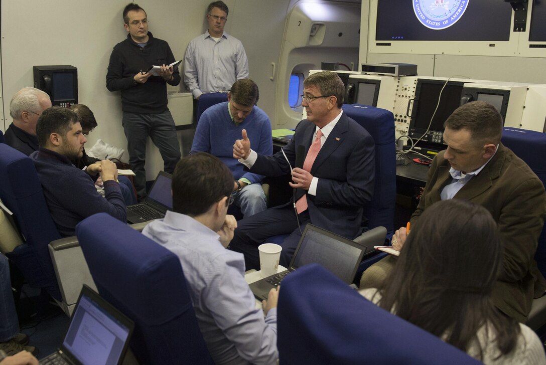 Defense Secretary Ash Carter speaks with reporters aboard an Air Force E4-B aircraft as he flies to Brussels, Feb. 9, 2016, to attend NATO meetings for defense ministers. DoD photo by Air Force Senior Master Sgt. Adrian Cadiz