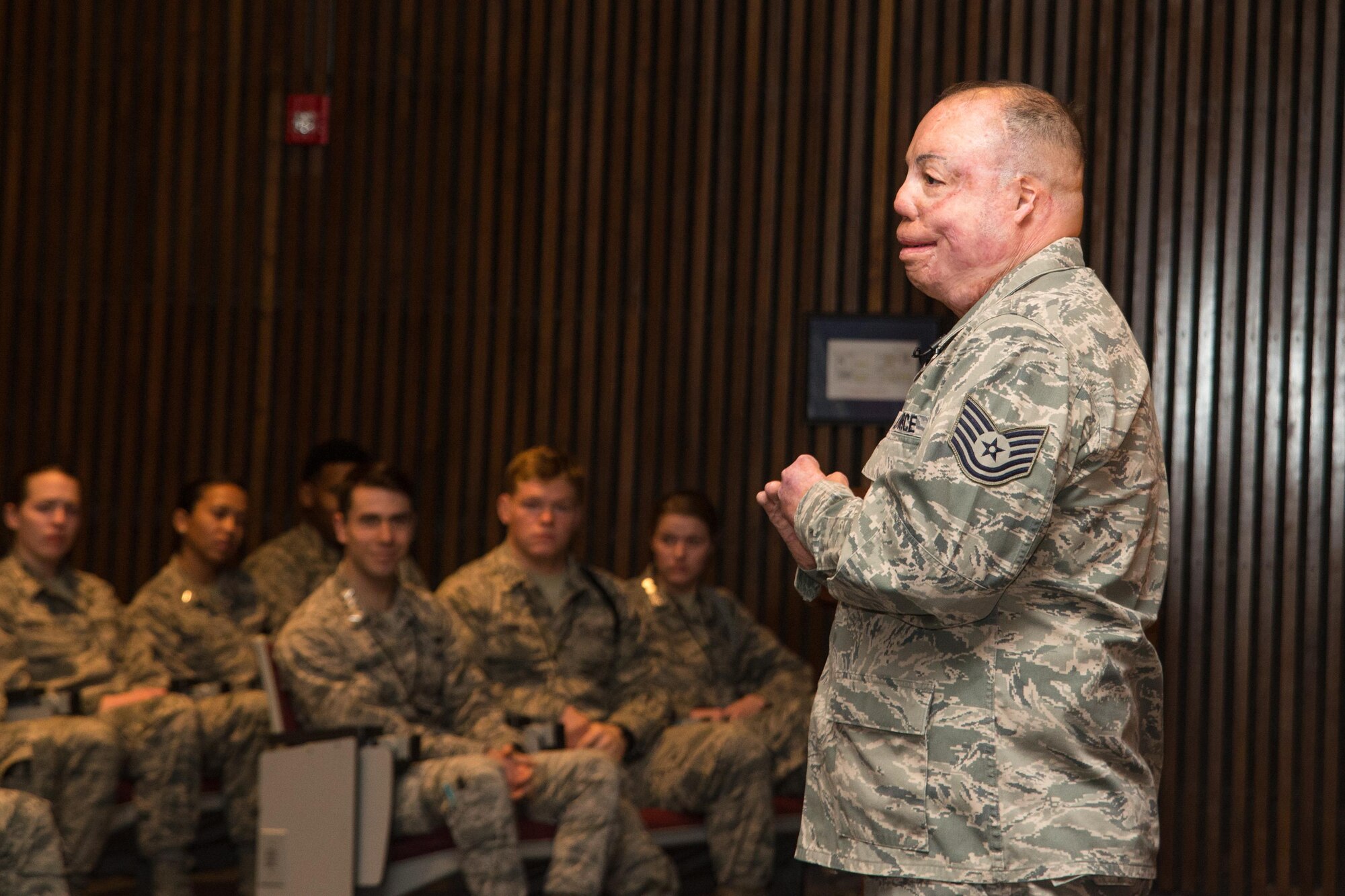 Tech. Sgt. Israel Del Toro shares his story of recovery, returning to duty and becoming a Wounded Warrior with U.S. Air Force Academy Prep School cadet candidates Feb. 8, 2016. Del Toro was injured by a roadside bomb in Afghanistan in 2005. (U.S. Air Force photo/Liz Copan)