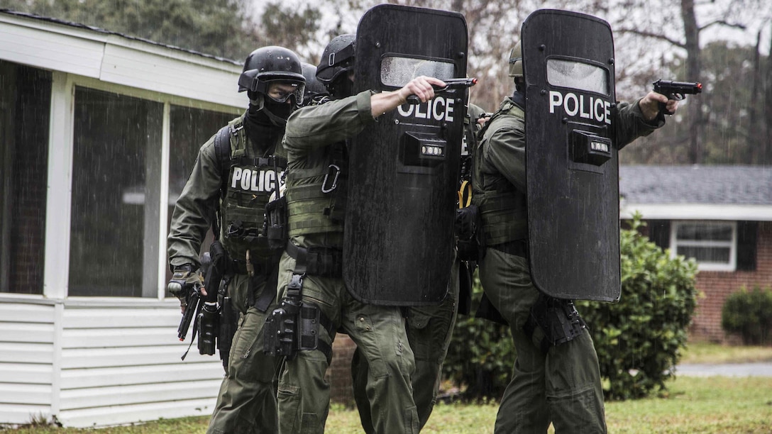 Marines conduct hostage scenario training at Laurel Bay Feb. 4, 2016. Each section had a specific role to play in the field. The Special Response Team physically responded to the situation utilizing their personal protective equipment and tactics. The Marines are with the Provost Marshal’s Office aboard Marine Corps Air Station Beaufort.