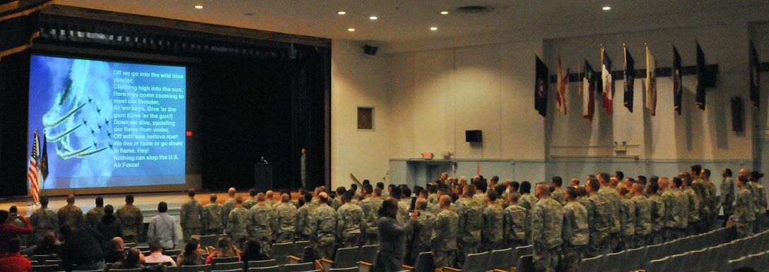 Soldiers at the Army’s Noncommissioned Officer Academy located on Joint Base McGuire-Dix-Lakehurst, N.J., sing the U.S. Air Force Song in recognition of the two Airmen graduating alongside them Jan. 28 as part of the academy’s first joint-service course.