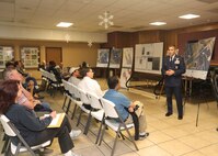 Col. Matt Isler, 12th Flying Training Wing commander, speaks with landowners at a town hall Feb. 1 at Converse City Hall to talk about land near the runways at Joint Base San Antonio-Randolph. The meeting gave landowners the opportunity to speak with JBSA-Randolph representatives and discuss options for possible land development. 