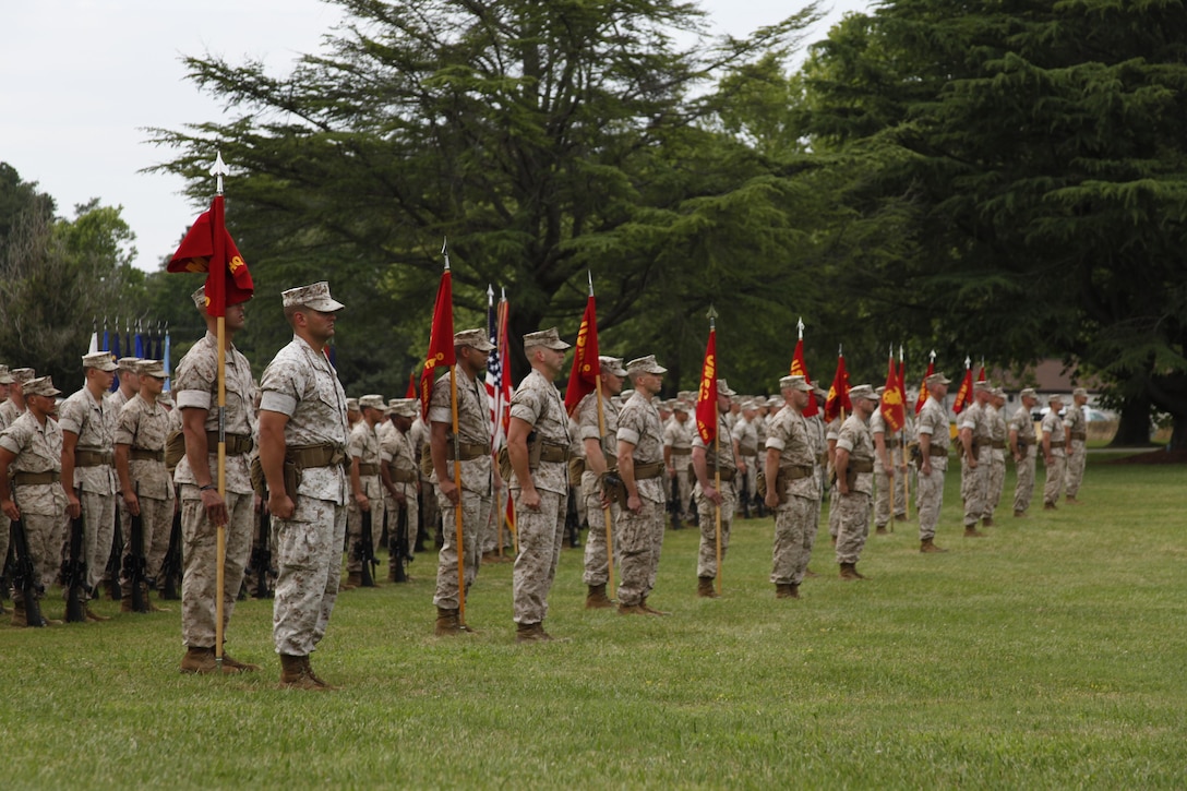 U.S. Marines from the Marine Corps Security Force Regiment stand at attention during the Security Force Regiment Change of Command ceremony aboard Naval Weapons Station Yorktown, Va., June 19, 2015. The ceremony had platoons composed of Marines representing Security Force Regiment commands across the United States and around the world. (U.S. Marine Corps photo by Sgt. Esdras Ruano/Released)