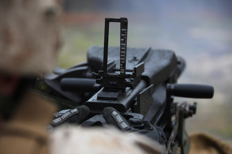 Lance Cpl. Johnathan Velasco engages a target during a grenade and MK19 Grenade Launcher range at Marine Corps Base Camp Lejeune, N.C., Oct. 28, 2015. More than 70 Marines with 2nd Low Altitude Air Defense Battalion took turns handling the MK19 and handheld grenades during the familiarization range. The range offered Marines the opportunity to build confidence and proficiency skills on some of the crew-served weapons they operate while providing security in a deployed environment. Velasco is a low altitude aerial defense gunner with the battalion. (U.S. Marine Corps photo by Cpl. N.W. Huertas/Released)